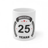 White ceramic 25th anniversary printed coffee mug, 330ml capacity